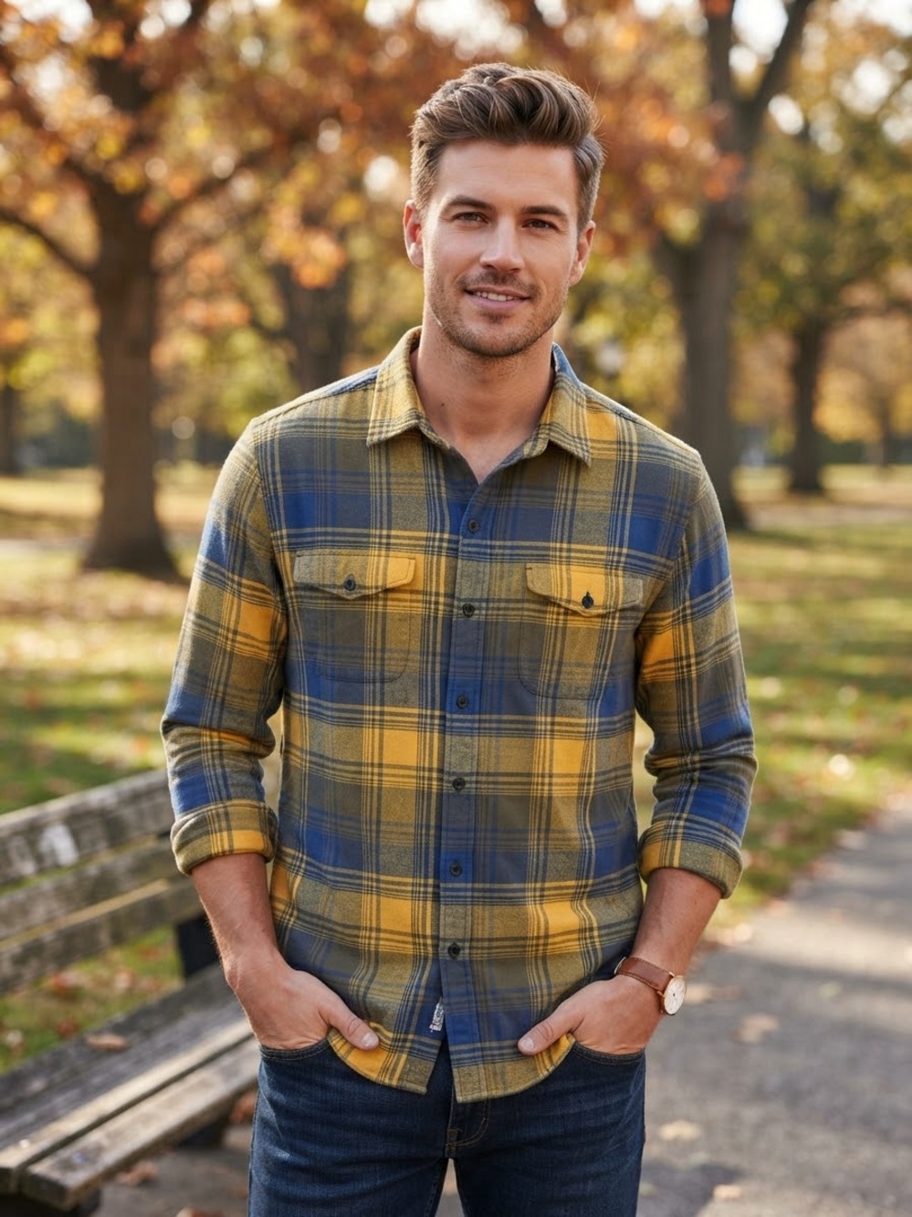 American Eagle Outfitters Yellow & Blue Plaid Cotton Flannel Shirt XL